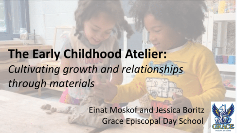 two children using clay behind text of title of presentation